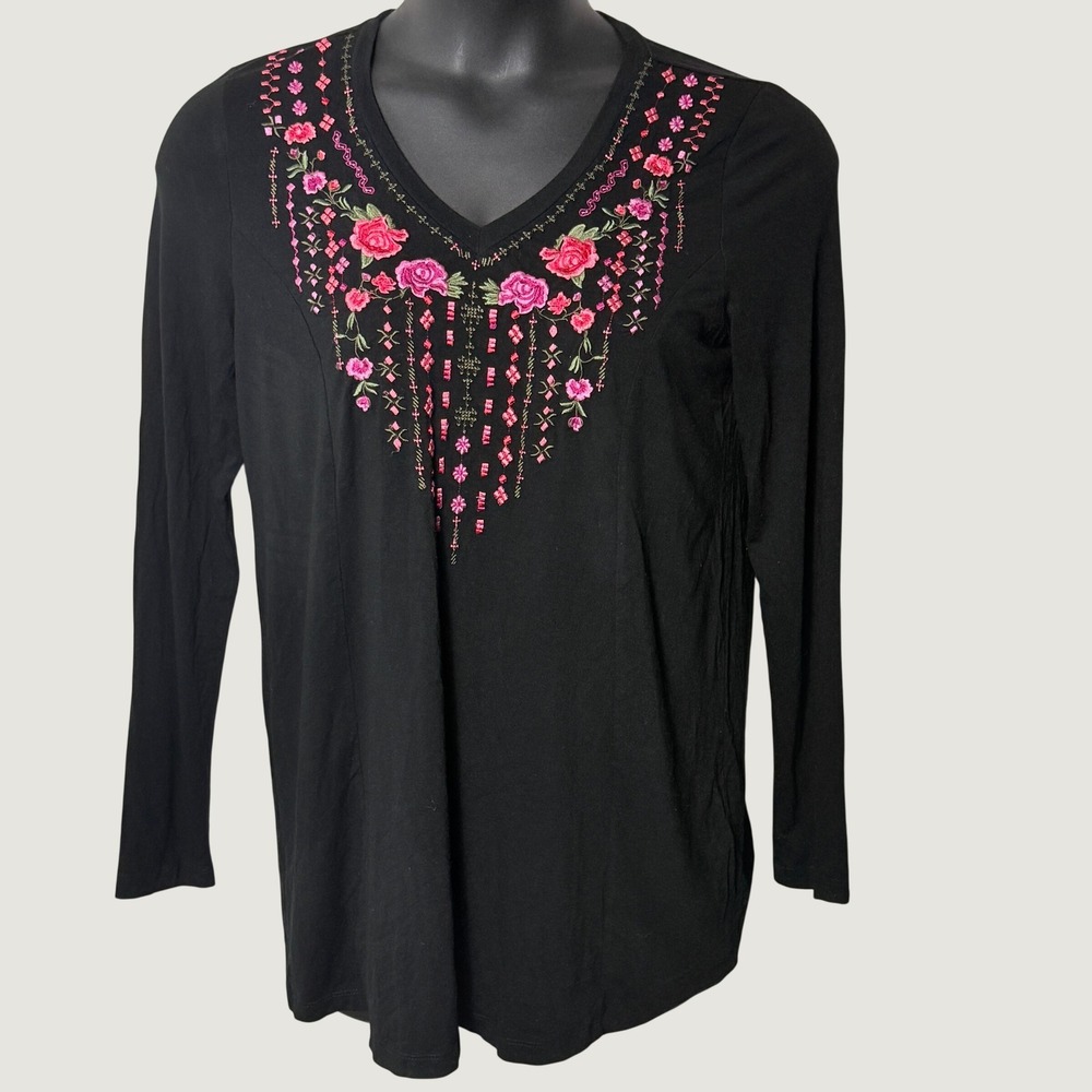 Sahalie Women's Size M Black Pink Embroidered V-Neck Long Sleeve Rayon Tunic Top